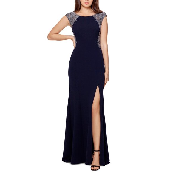 XSCAPE Womens Metallic Floral Lace Side Slit Cap Sleeve Gown Dress Size 4 Navy - Picture 1 of 9
